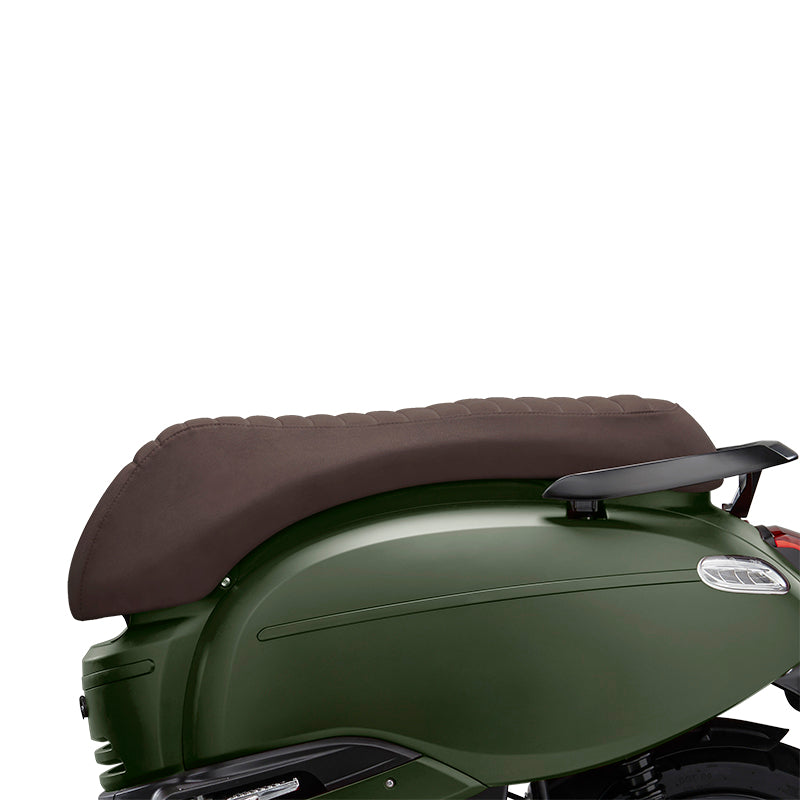 Chocolate Italian vegan-leather saddle on a FONZ Arthur scooter, side view