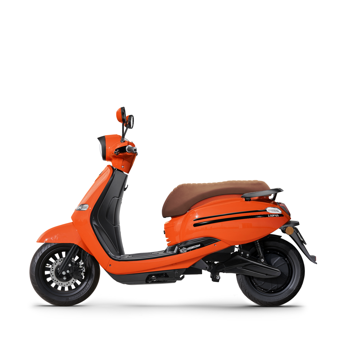 FONZ Arthur Z Series electric scooter in Forza Aranciata with Indian Pony leather saddle, side profile