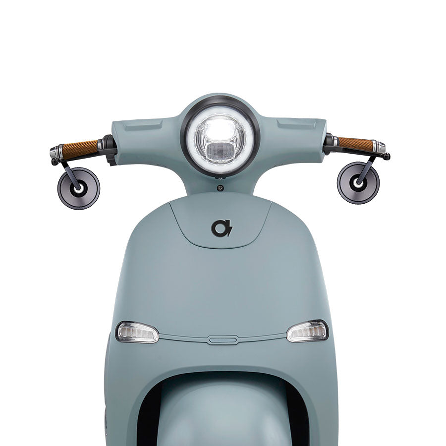 FONZ Arthur electric scooter in Moon Blue, front view, fitted with glassless bar-end mirrors
