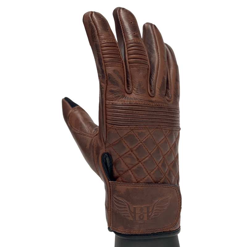 Merla Moto Cafe quilted leather motorcycle gloves in brown, back of hand
