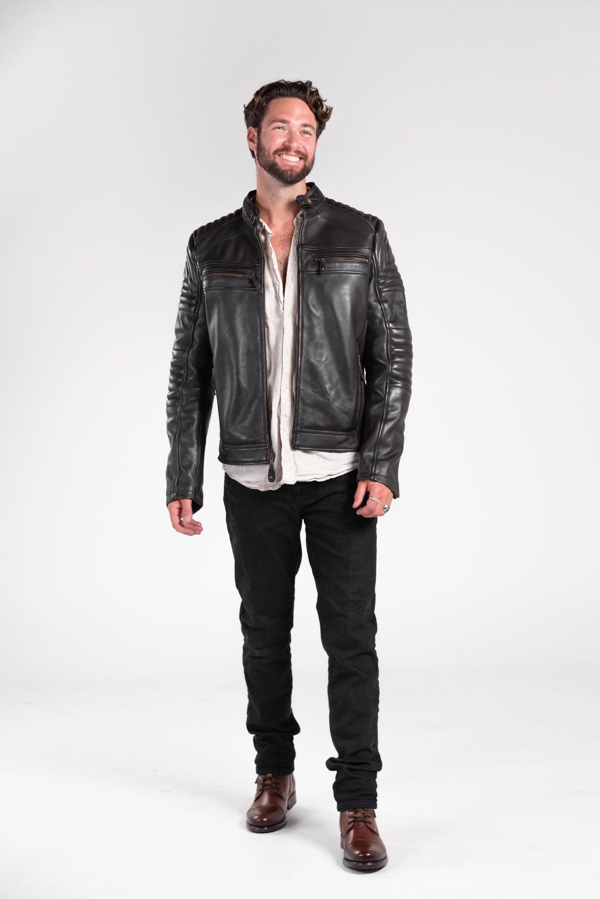 Merla Moto Wakefield men's leather motorcycle jacket, full-length front view