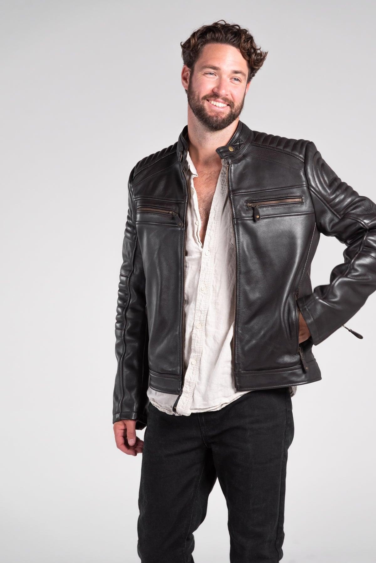 Merla Moto Wakefield men's leather motorcycle jacket, front view