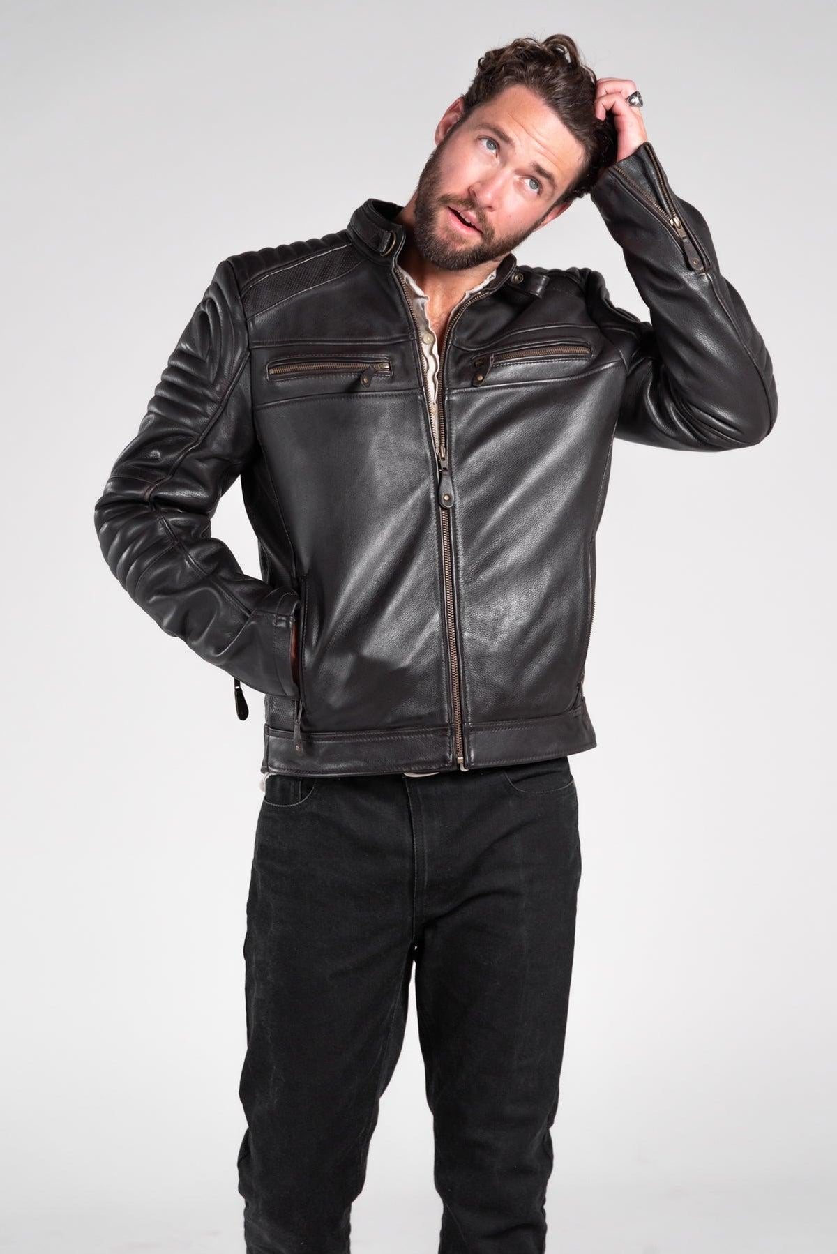 Merla Moto Wakefield men's leather motorcycle jacket, worn open, front view
