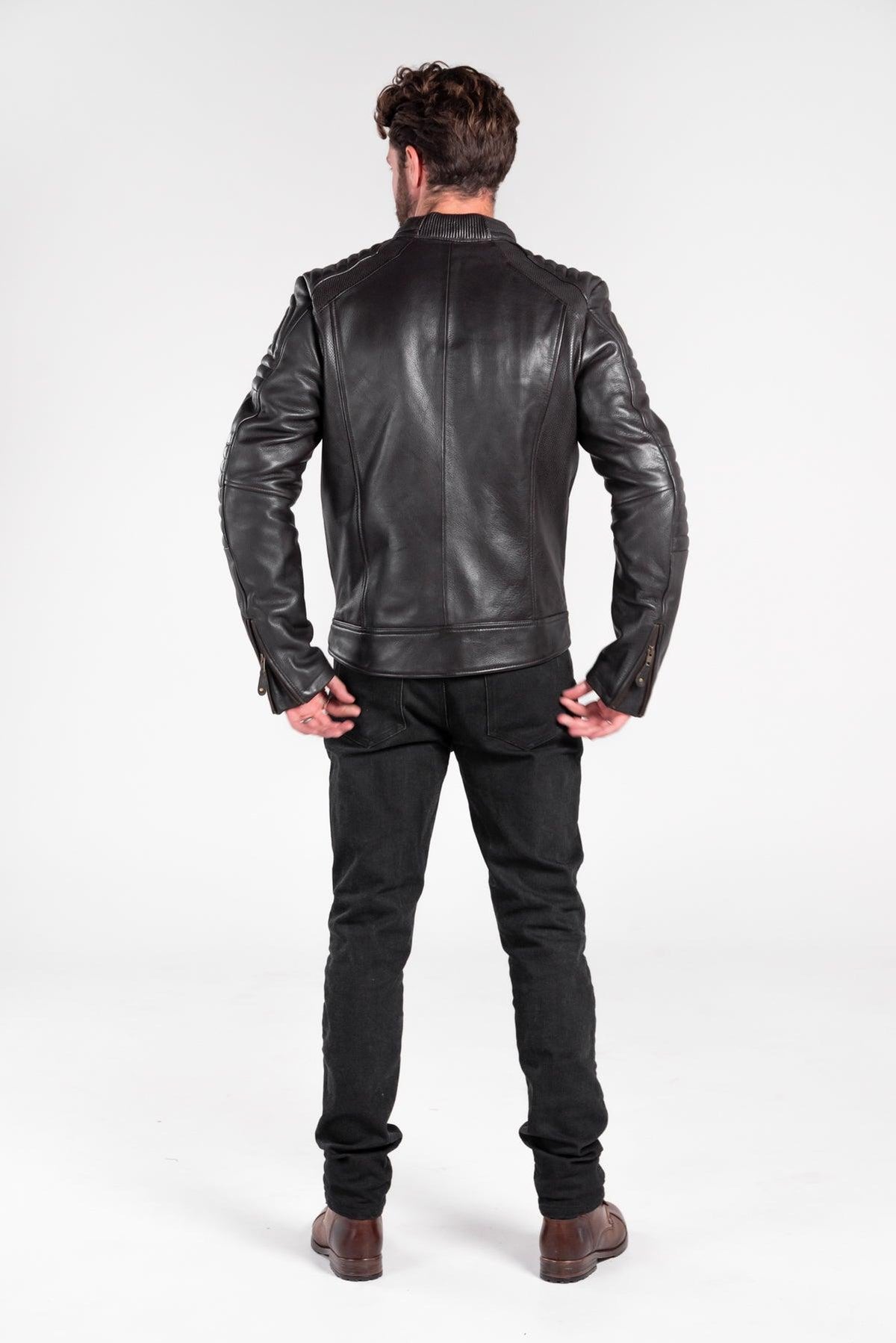 Merla Moto Wakefield men's leather motorcycle jacket, back view